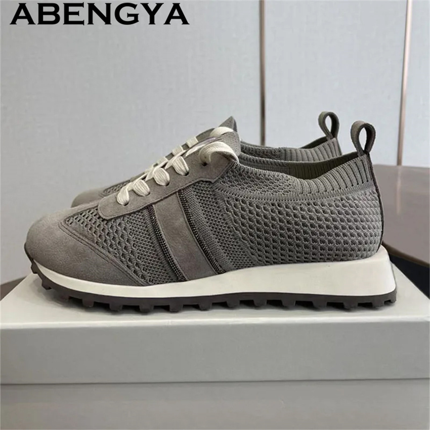 Knit Fabric Lace Up Sneakers - Весенняя распродажа 2026: Женские повседневные туфли
